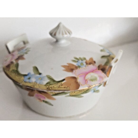 Vintage Hand Paint Gold Gilded Nippon Japan Lidded Bowl Rising Sun Mark 1920's - Picture 4 of 12